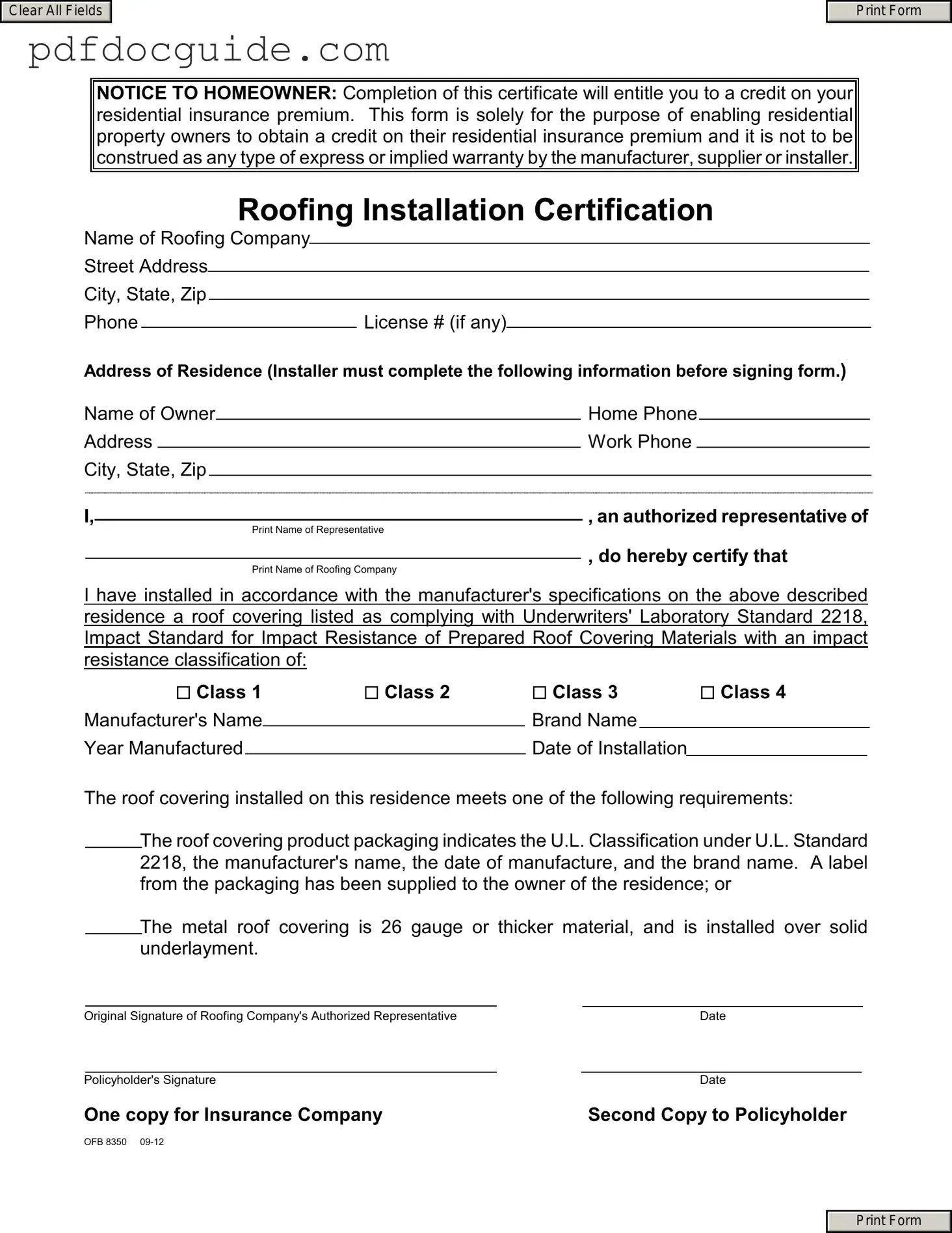 Roofing Certificate Form