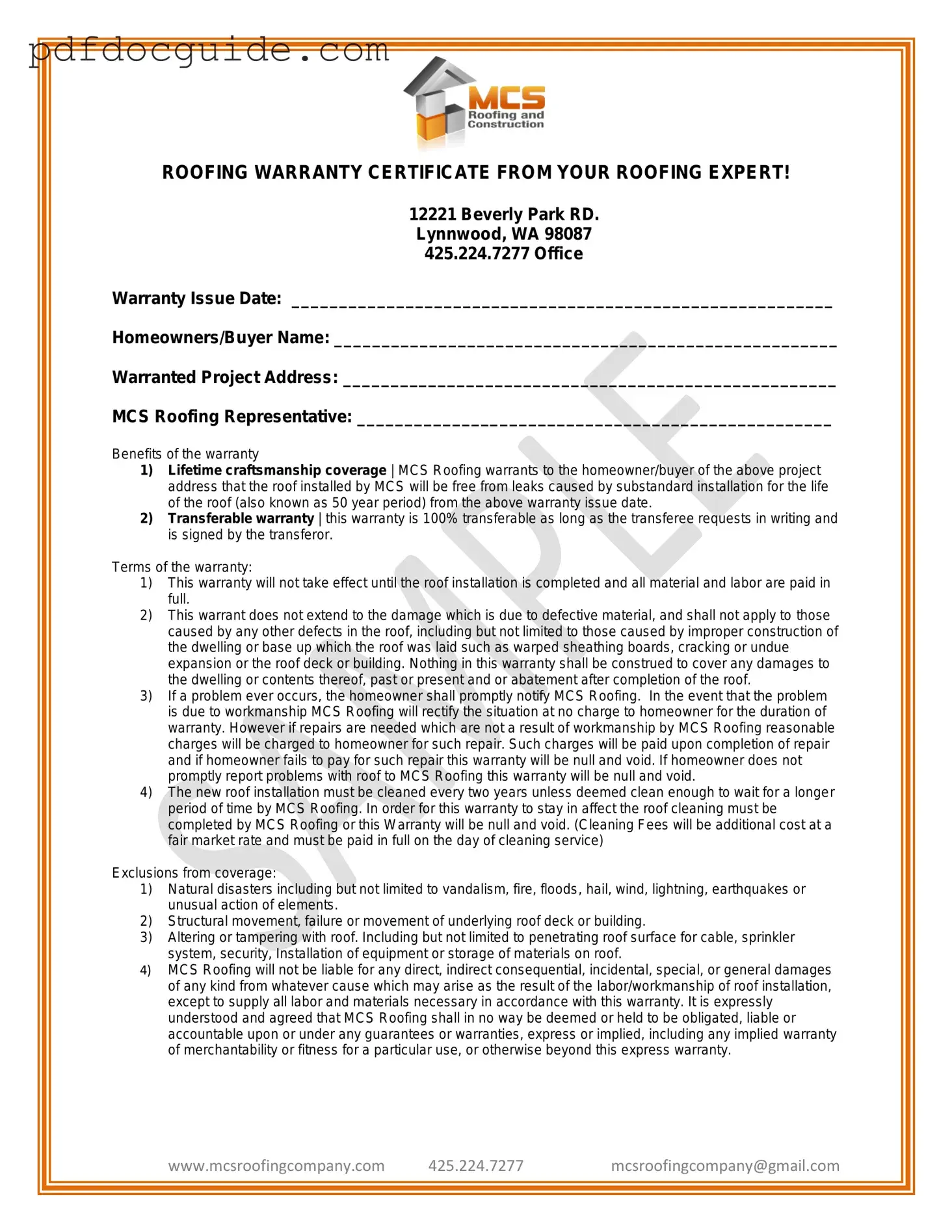 Roofing Warranty Certificate Form