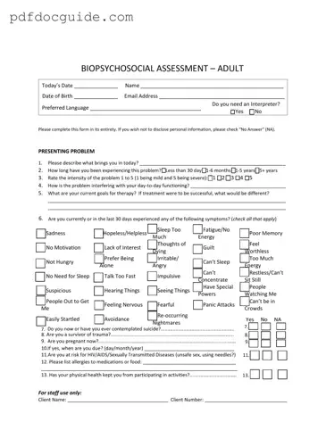 Biopsychosocial Assessment Social Work Form