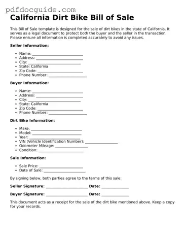 Valid  Dirt Bike Bill of Sale Document for California