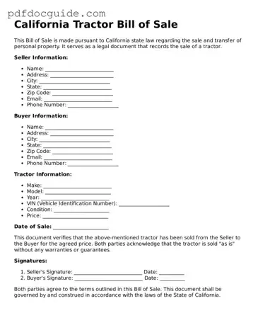 Valid  Tractor Bill of Sale Document for California