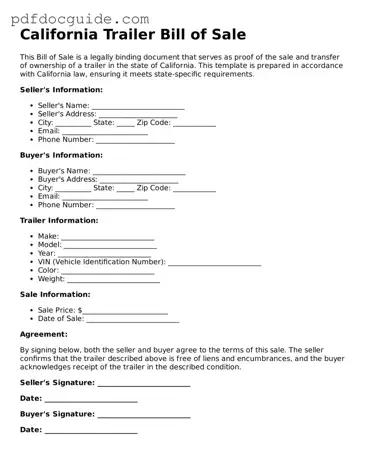 Valid  Trailer Bill of Sale Document for California