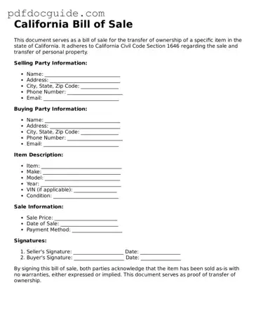 Valid  Bill of Sale Document for California