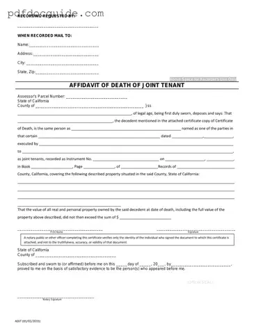 California Death of a Joint Tenant Affidavit Form