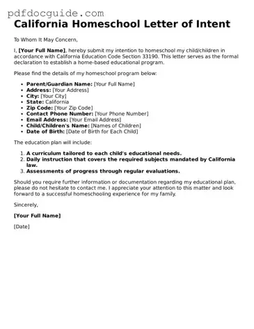 Valid  Homeschool Letter of Intent Document for California