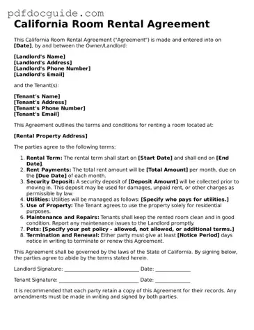 Valid  Room Rental Agreement Document for California
