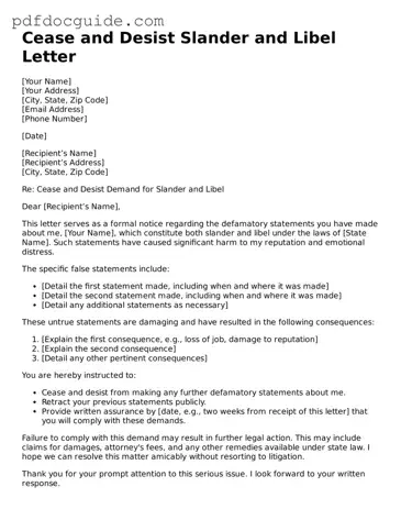 Attorney-Verified Cease and Desist Slander and Libel Letter Template