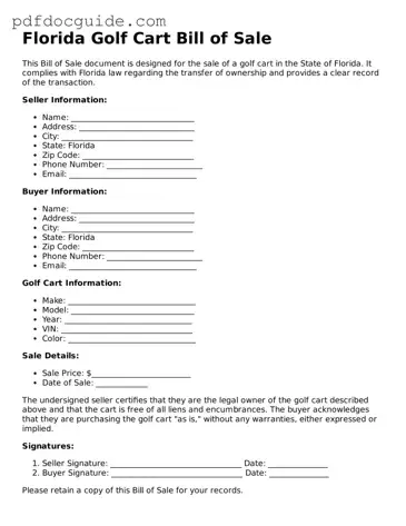 Valid  Golf Cart Bill of Sale Document for Florida