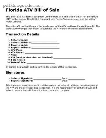 Valid  ATV Bill of Sale Document for Florida