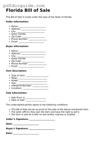 Valid  Bill of Sale Document for Florida