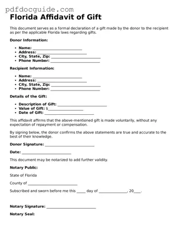 Valid  Affidavit of Gift Document for Florida