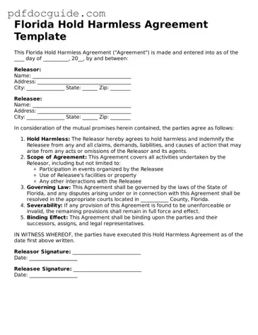 Valid  Hold Harmless Agreement Document for Florida