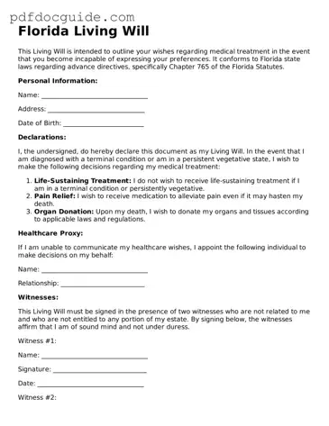 Valid  Living Will Document for Florida