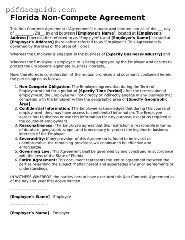 Valid  Non-compete Agreement Document for Florida