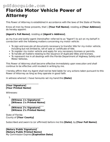 Valid  Motor Vehicle Power of Attorney Document for Florida