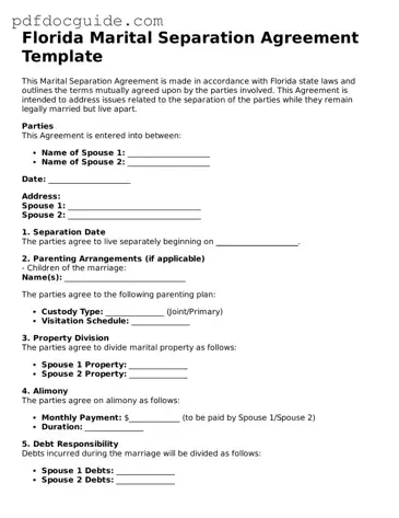 Valid  Marital Separation Agreement Document for Florida