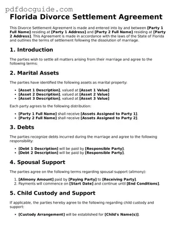 Valid  Divorce Settlement Agreement Document for Florida