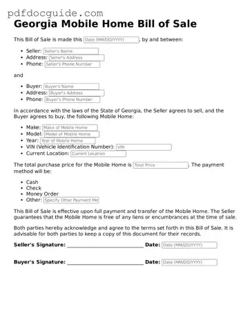 Valid  Mobile Home Bill of Sale Document for Georgia