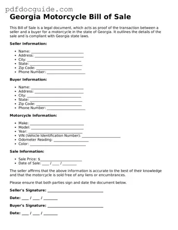 Valid  Motorcycle Bill of Sale Document for Georgia