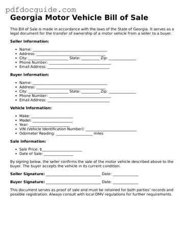 Valid  Motor Vehicle Bill of Sale Document for Georgia