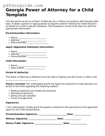 Valid  Power of Attorney for a Child Document for Georgia