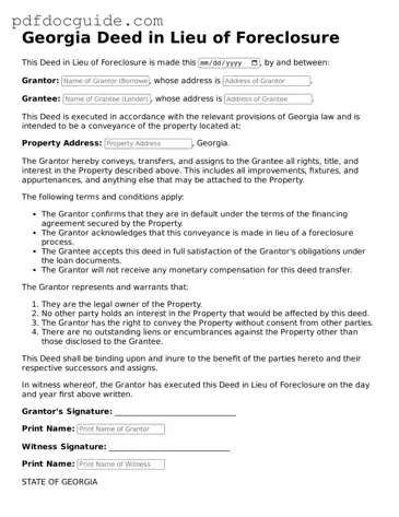 Valid  Deed in Lieu of Foreclosure Document for Georgia