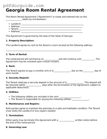 Valid  Room Rental Agreement Document for Georgia