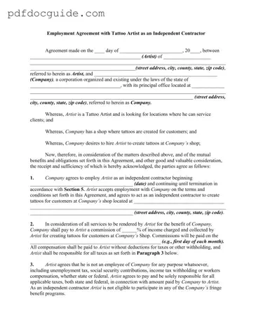 Tattoo Shop Artist Agreement Form