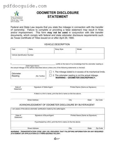 Texas Odometer Statement Form