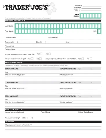 Trader Joe's application Form