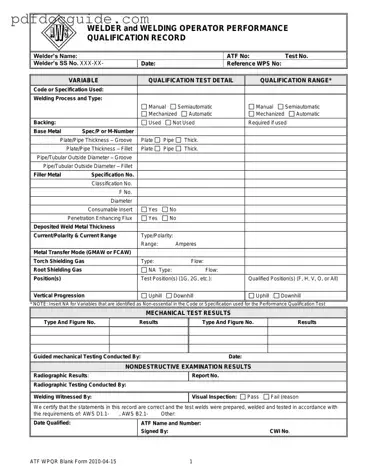 Welder Performance Qualification Record Form