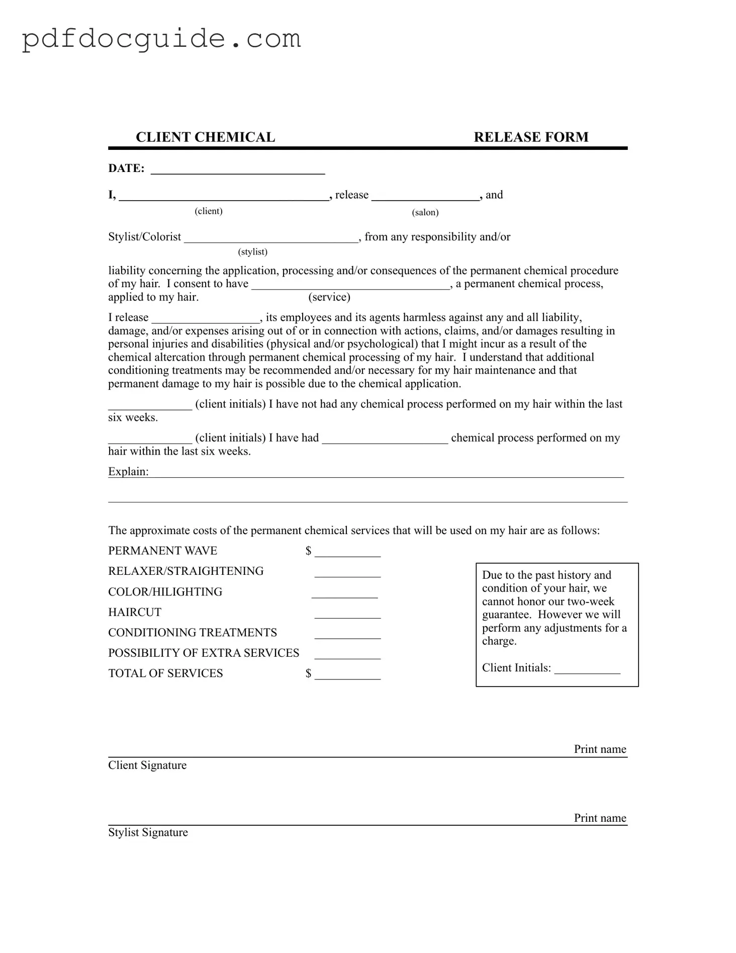 Salon Chemical Waiver Form