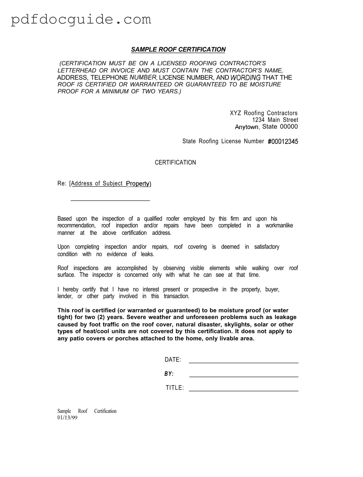 Sample Roof Certification Form