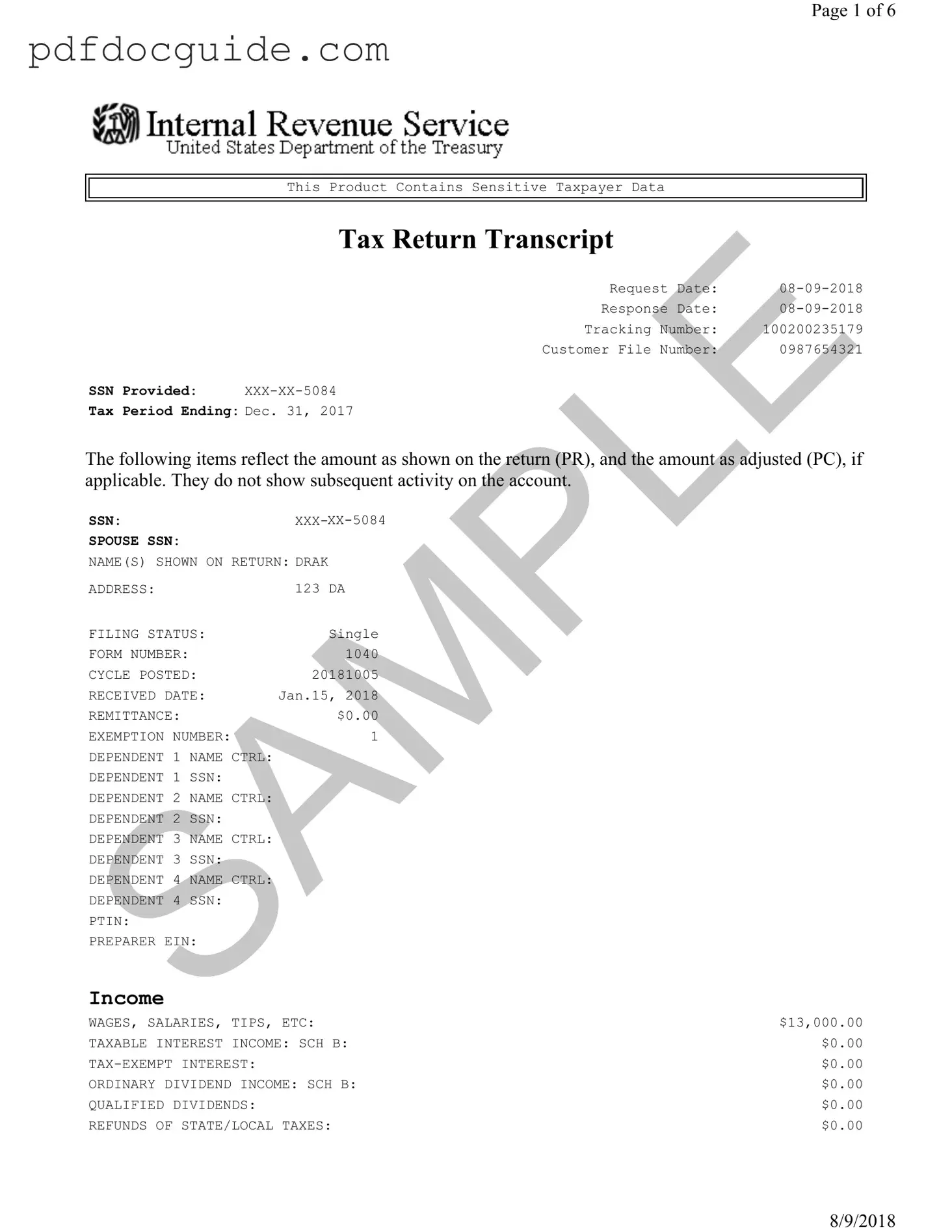 Sample Tax Return Transcript Form