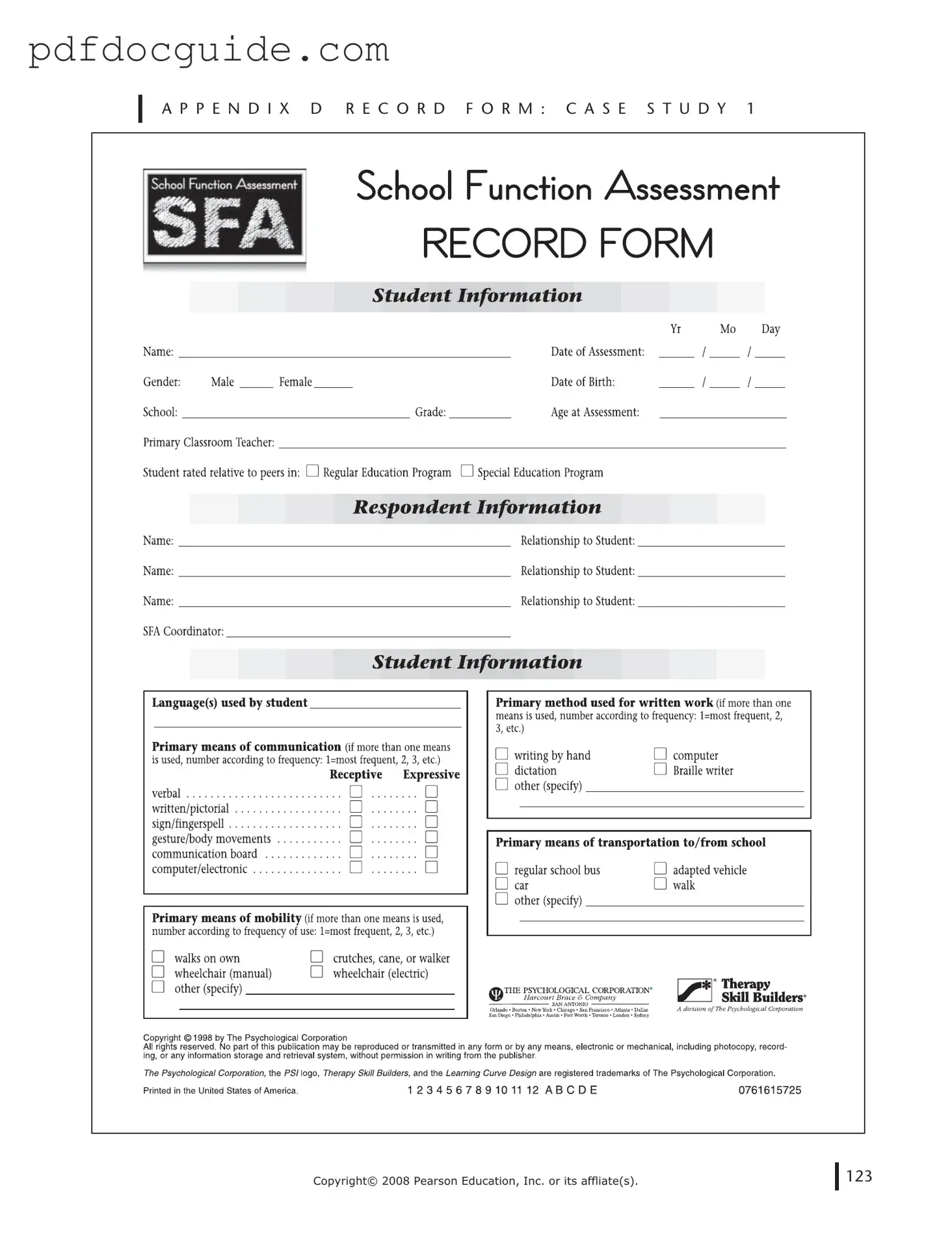 School Function Assessment Form