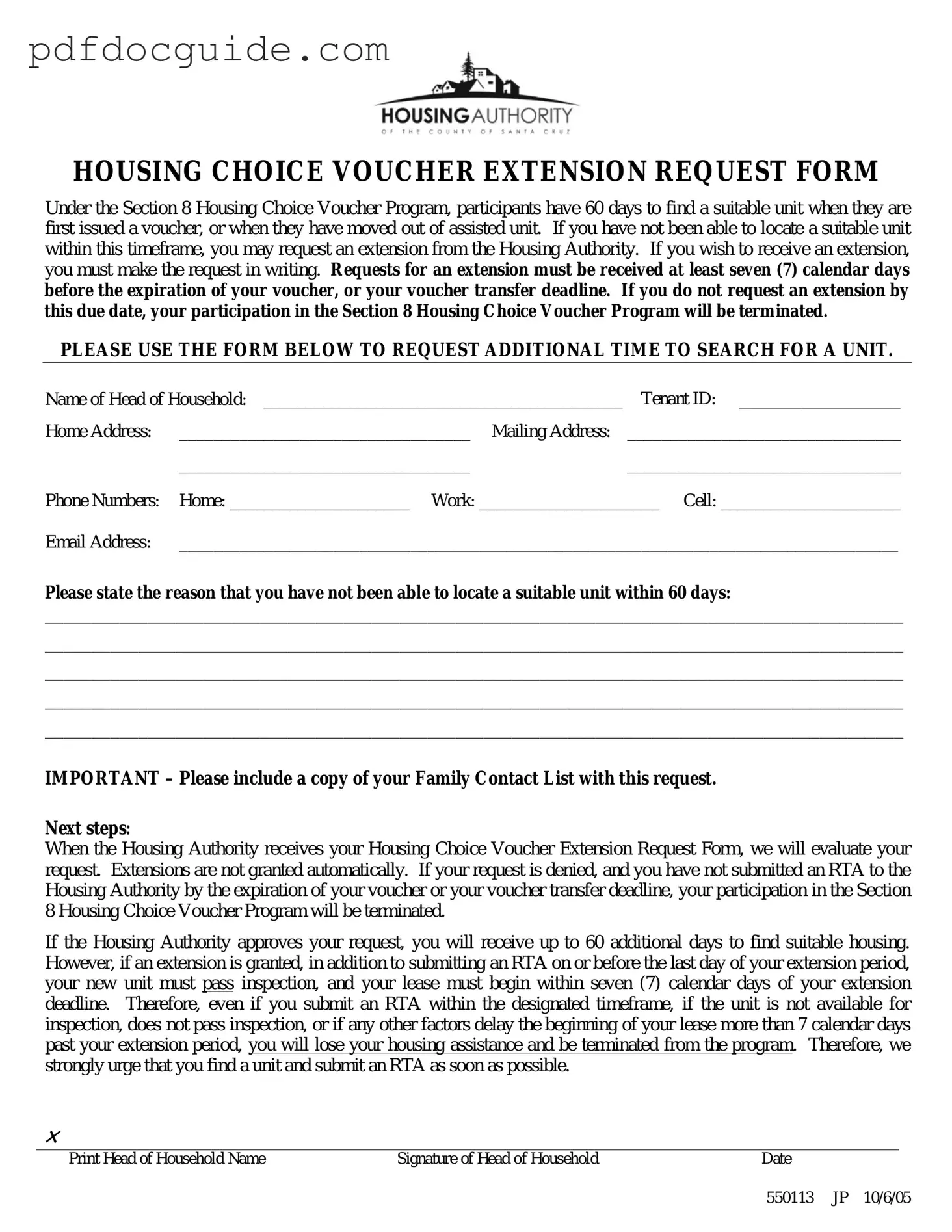 Section 8 Voucher Extension Form