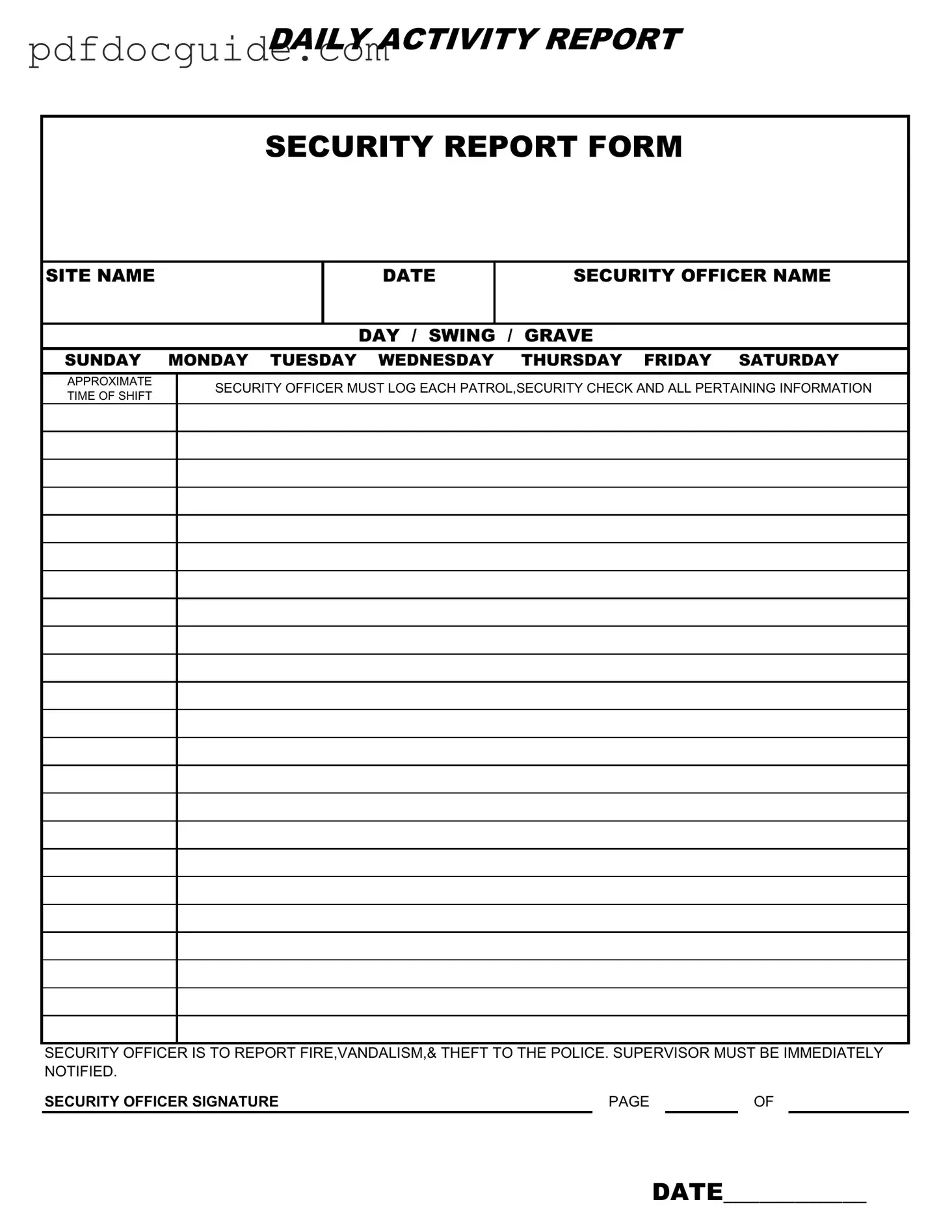 Security Guard Daily Report Sample Form
