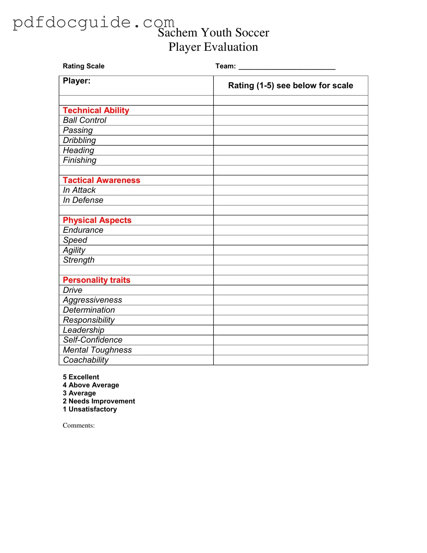 Soccer Player Evaluation Form