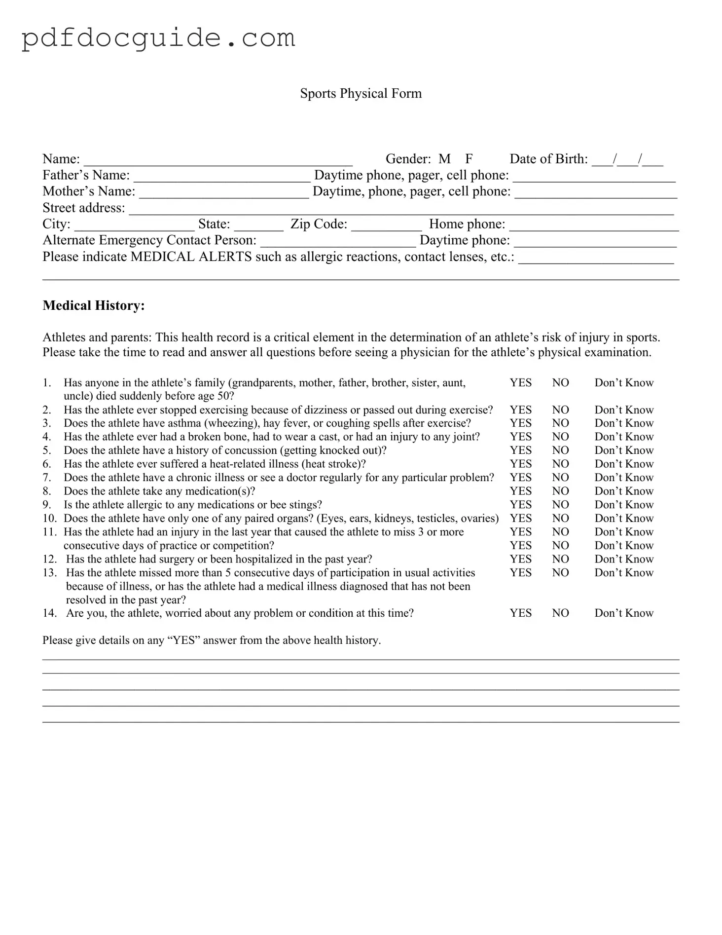 Sports Physical Form