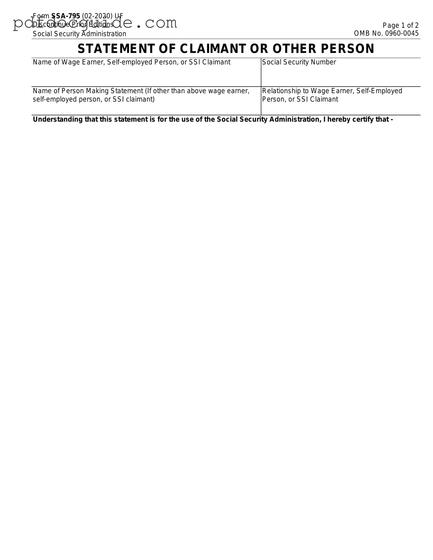 SSA SSA-795 Form