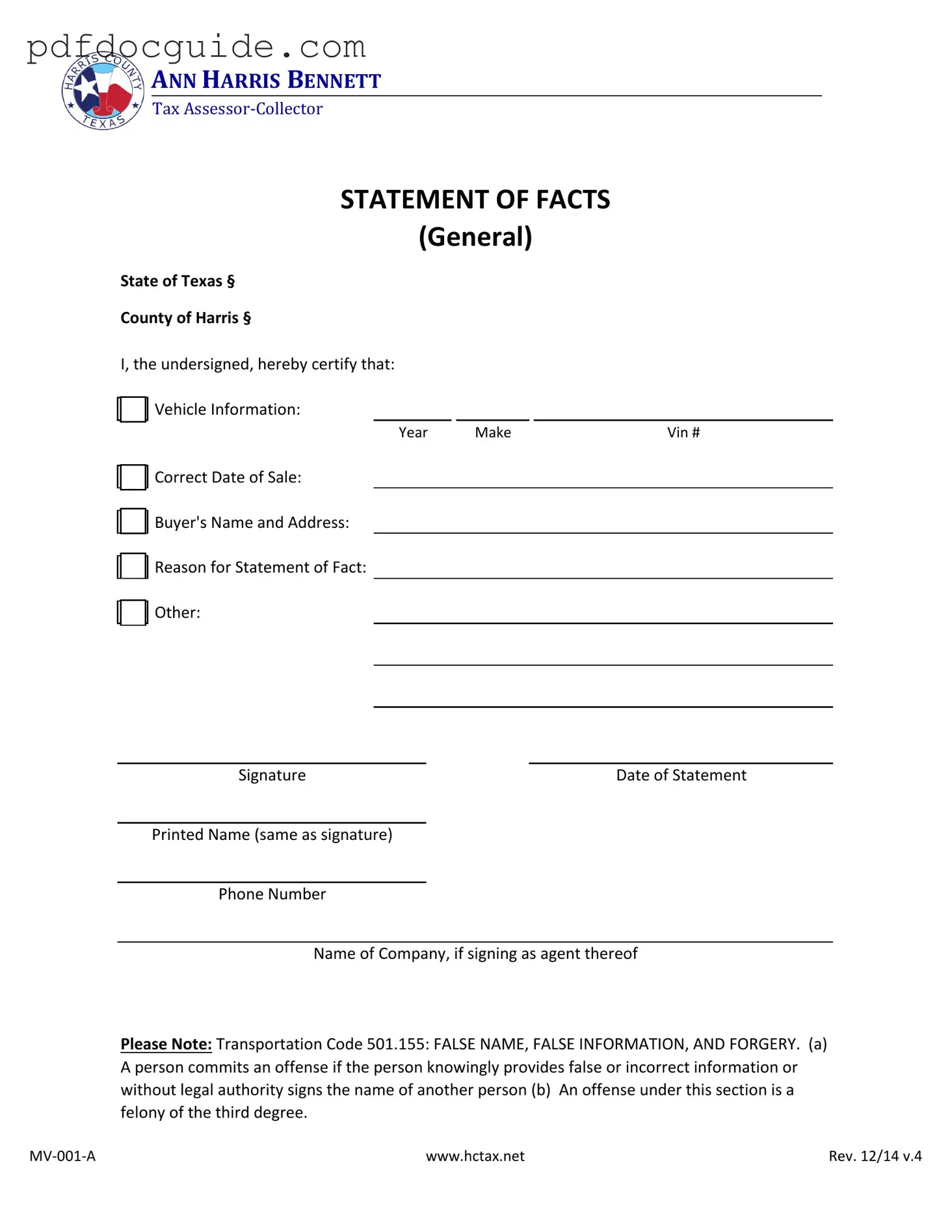 Statement Of Fact Texas Form