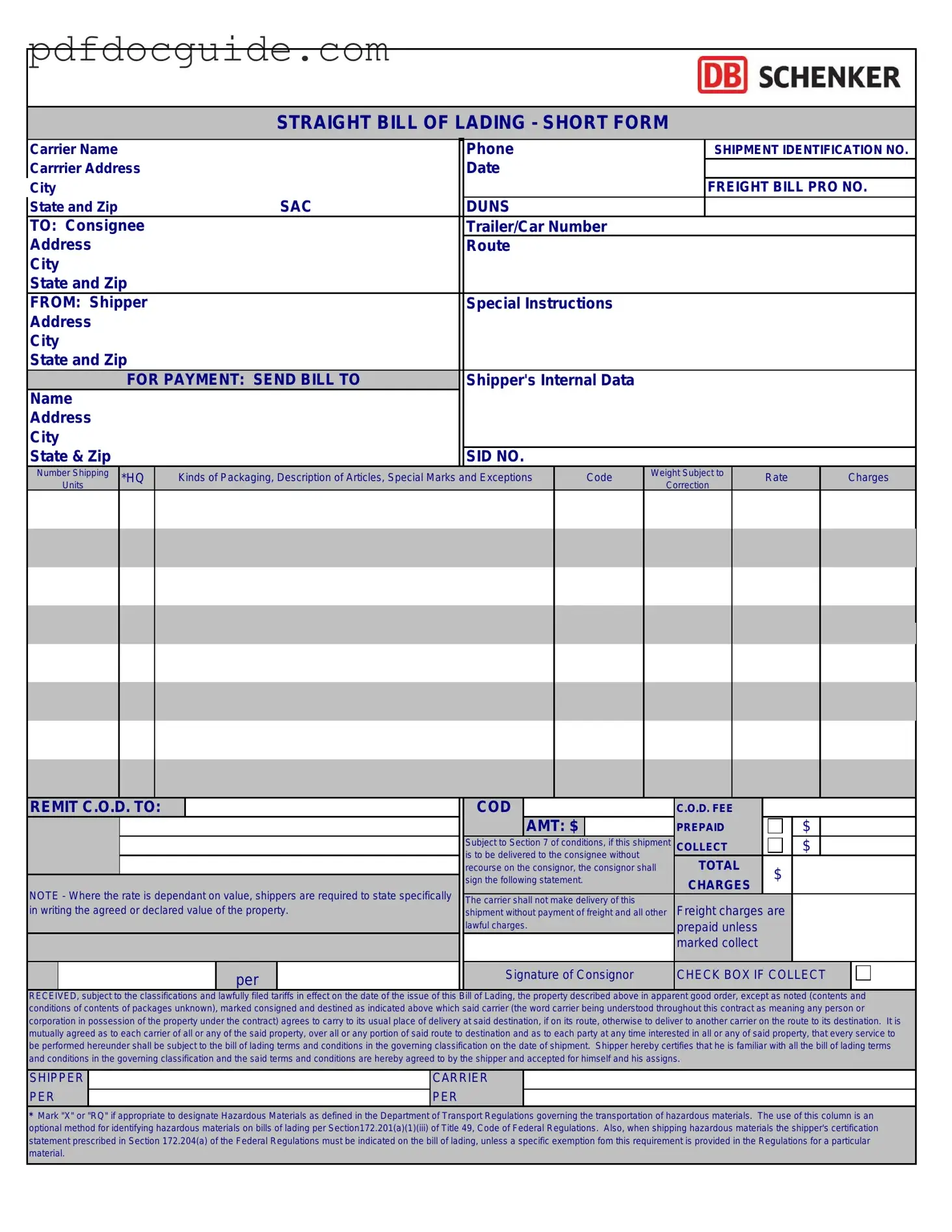 Straight Bill Of Lading Form