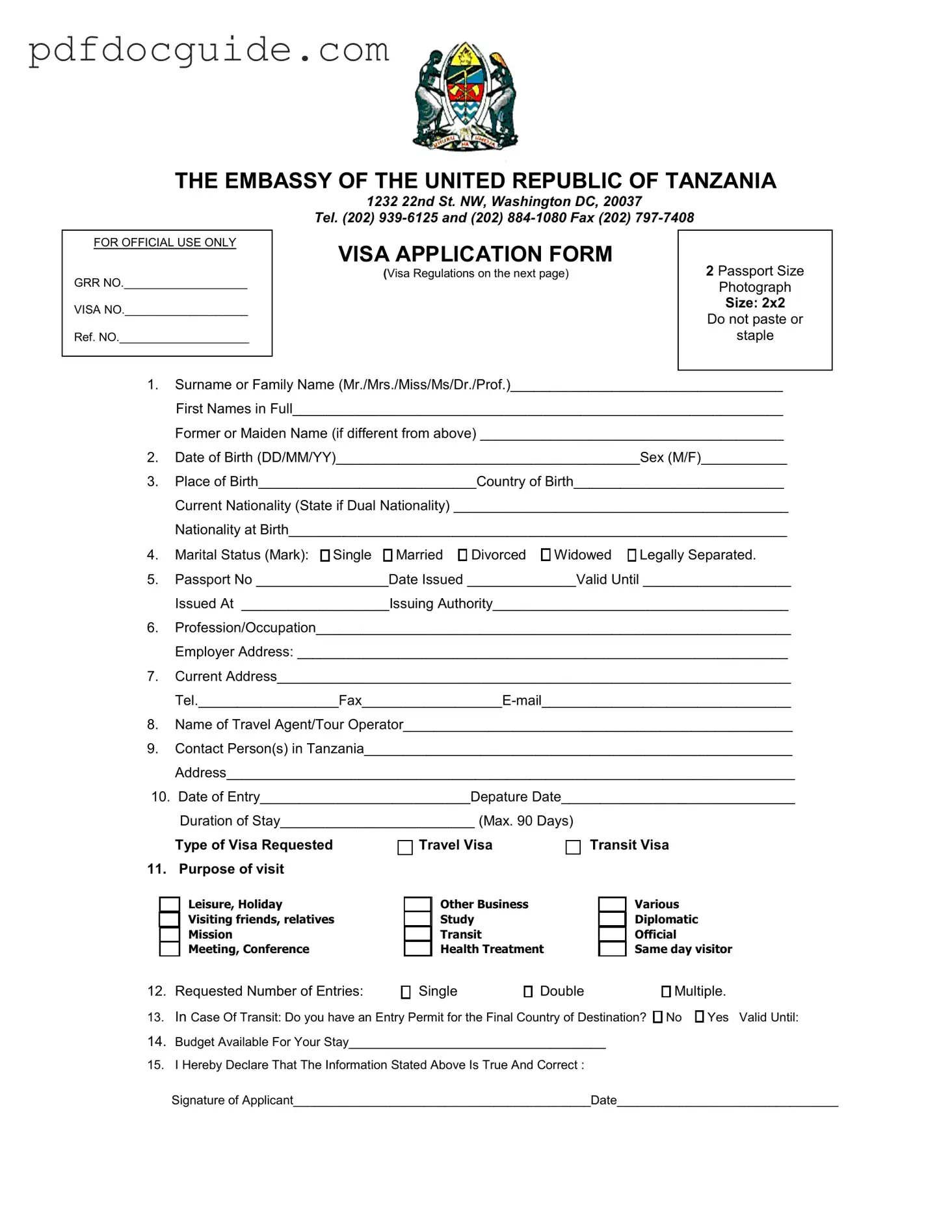 Tanzania Visa Applicaiton Form