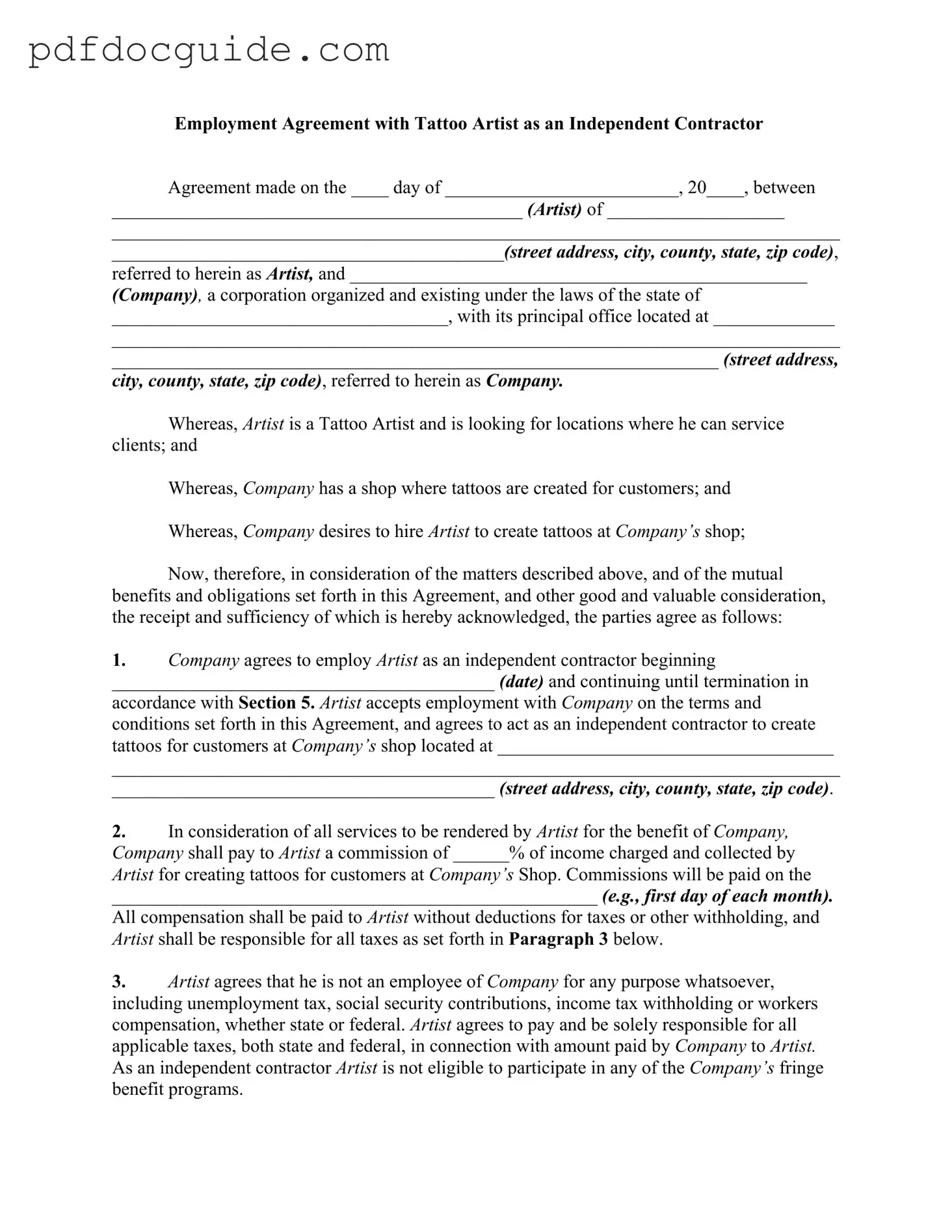 Tattoo Shop Artist Agreement Form