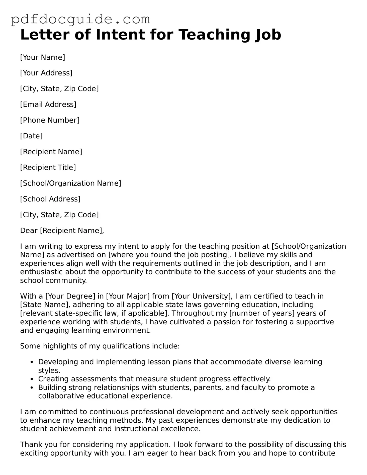 Attorney-Verified Letter of Intent for a Teaching Job Template