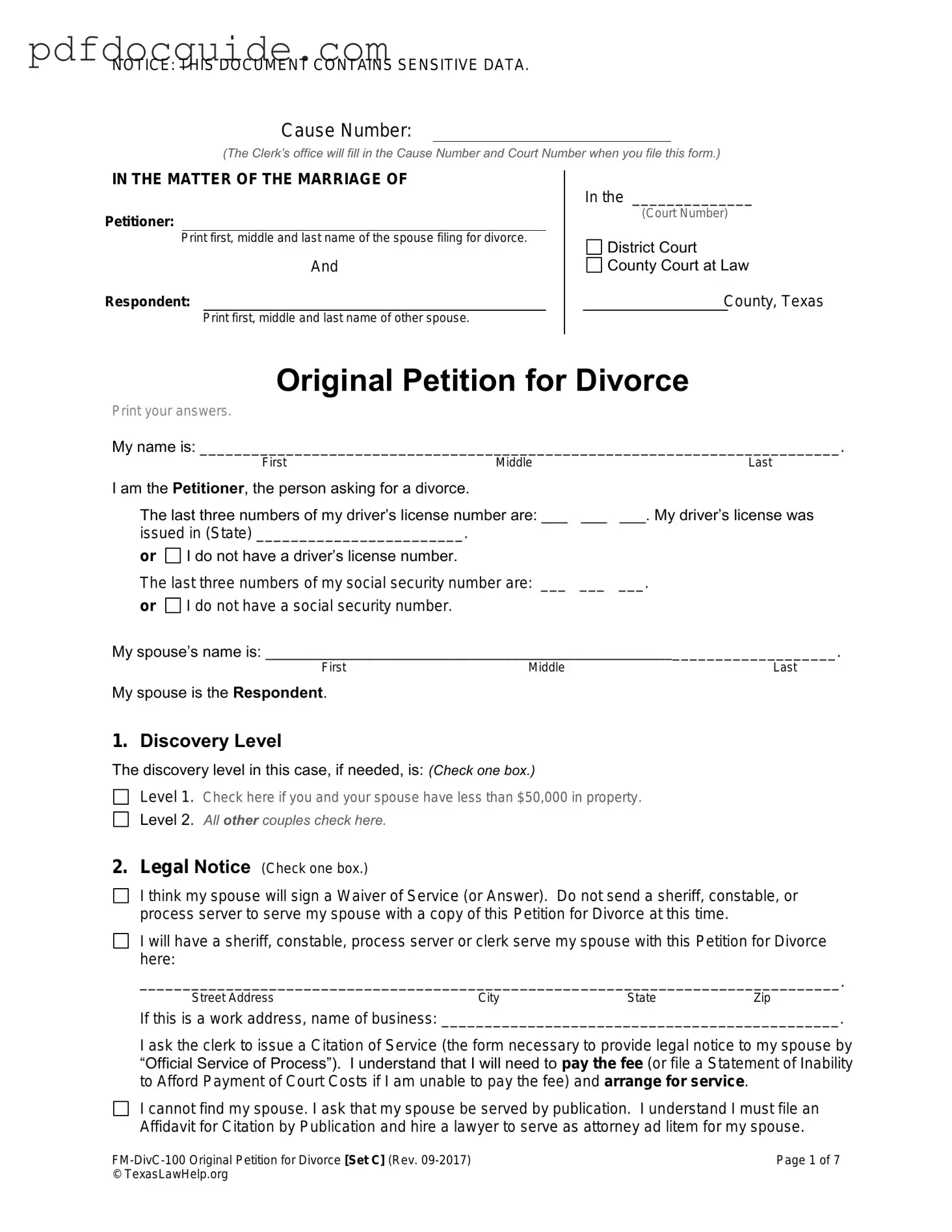Texas Law Help FM-DivC-100 Original Petition for Divorce Set C Form