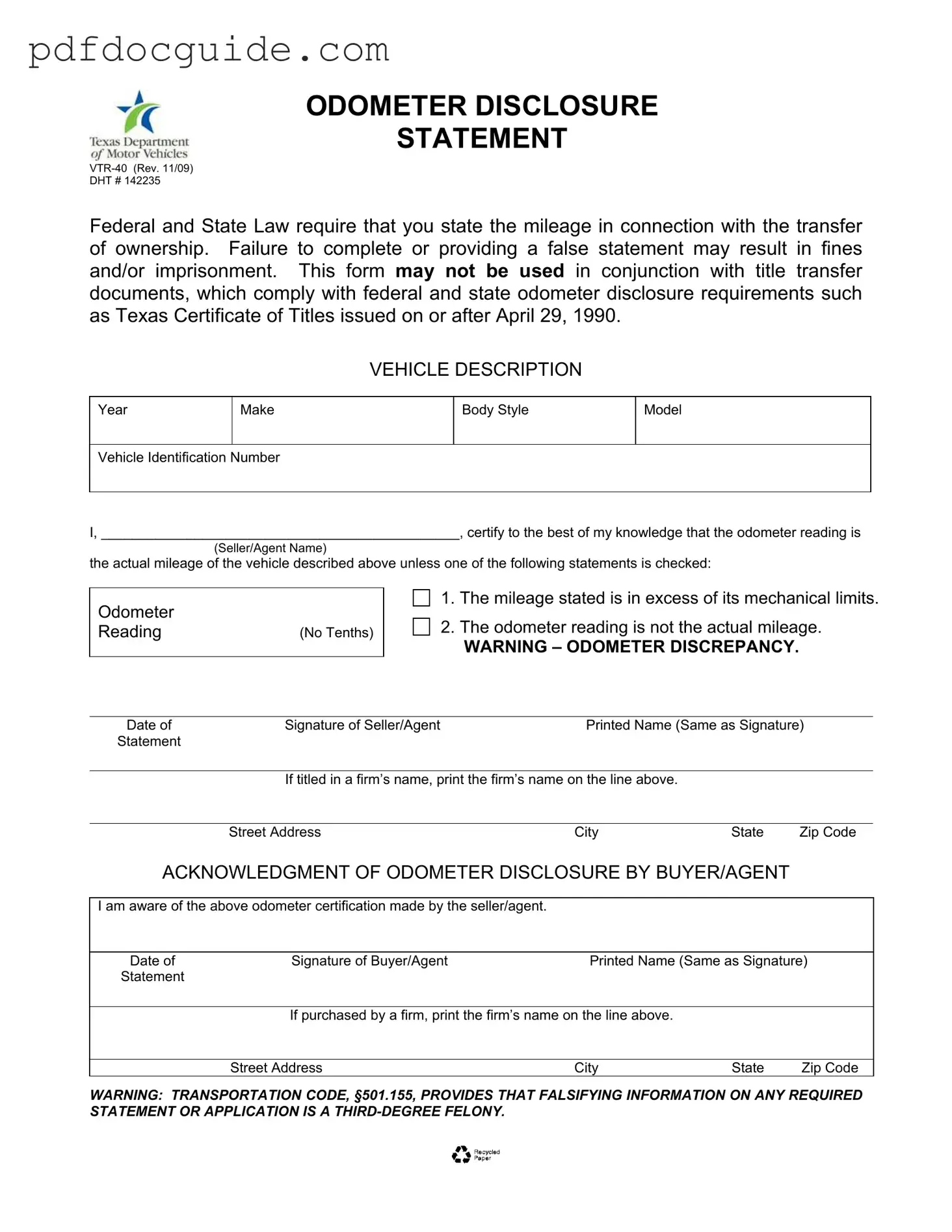 Texas Odometer Statement Form