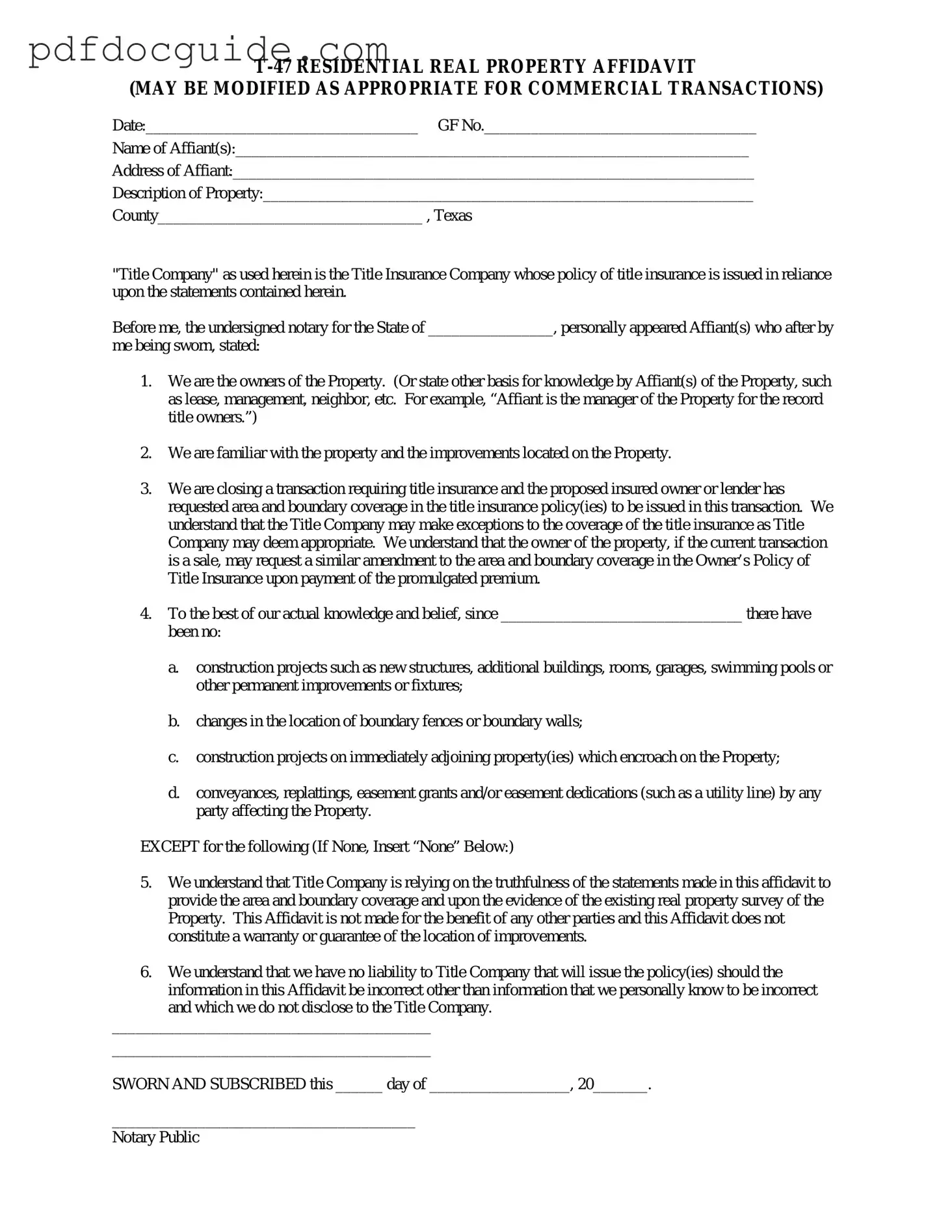Texas residential property affidavit T-47 Form