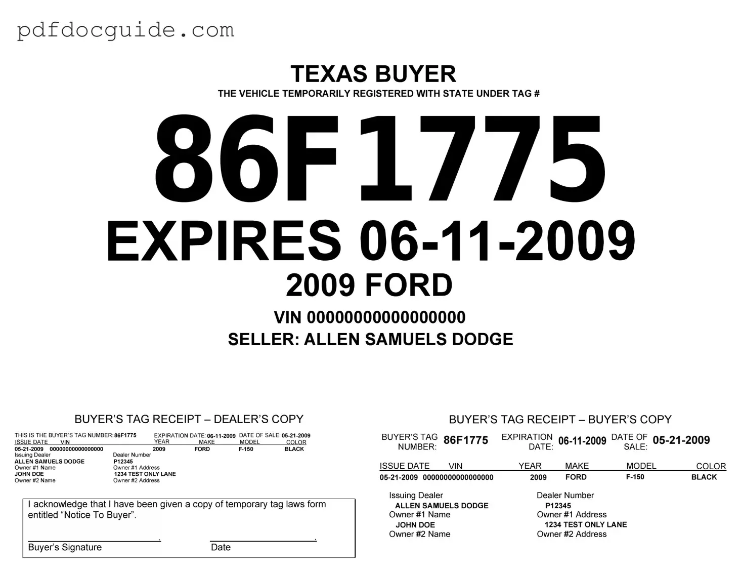 Texas Temporary Tag Form