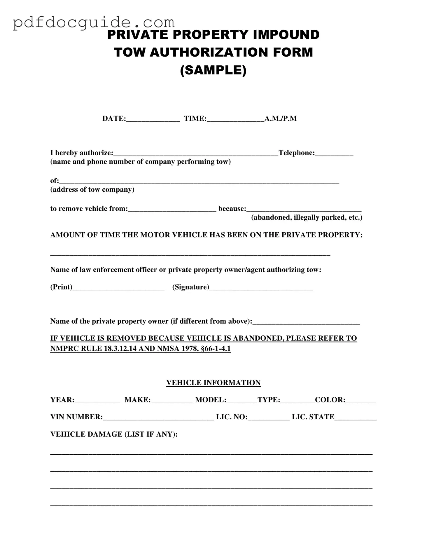 Tow Authorization Form